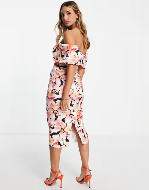 Lavish Alice Off Shoulder Bardot Wrap Midi Dress in Dark Floral Lavish Alice Off Shoulder Bardot Wrap Midi Dress in Dark Floral